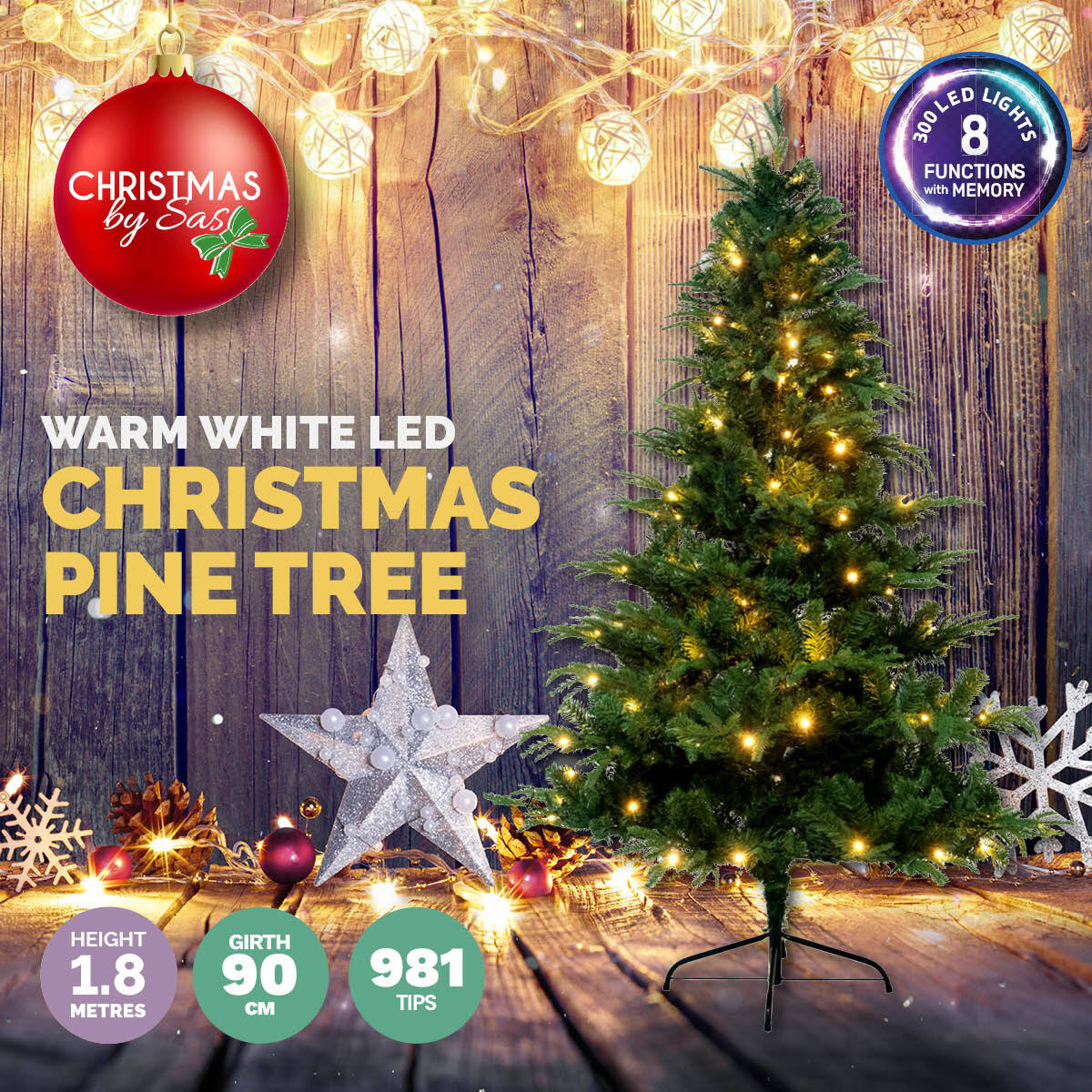 Christmas By Sas 1.8m Pine Tree 300 Warm White LED Lights With 8 Functions - SILBERSHELL