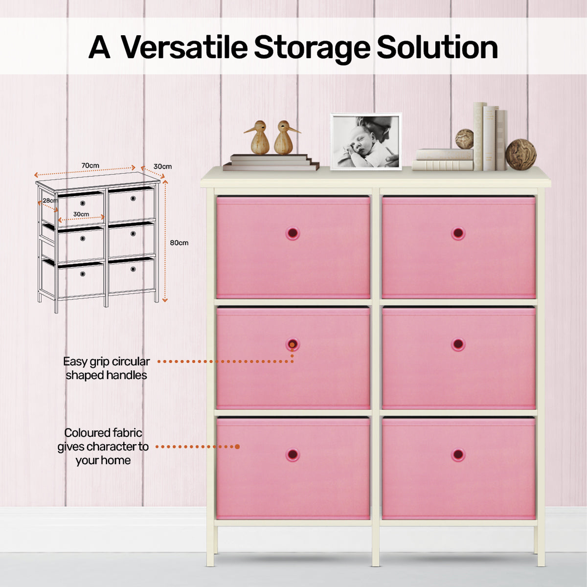 Home Master 6 Drawer Pine Wood Storage Chest Pink Fabric Baskets 70 x 80cm - SILBERSHELL