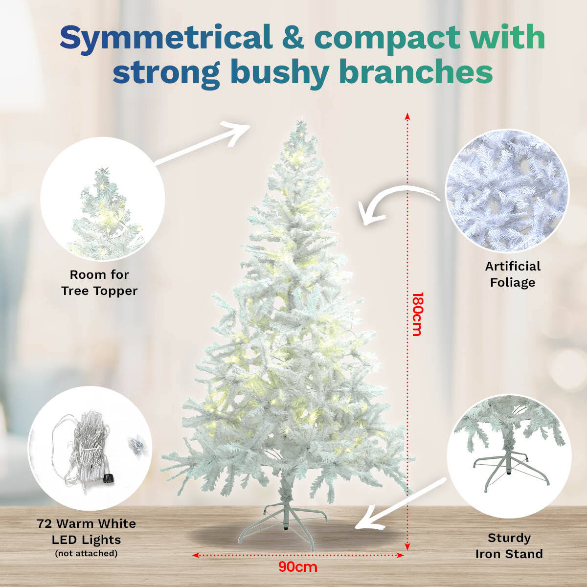 Christmas By Sas 1.8m x 90cm White Pine Tree 72 Warm White LED String Lights - SILBERSHELL