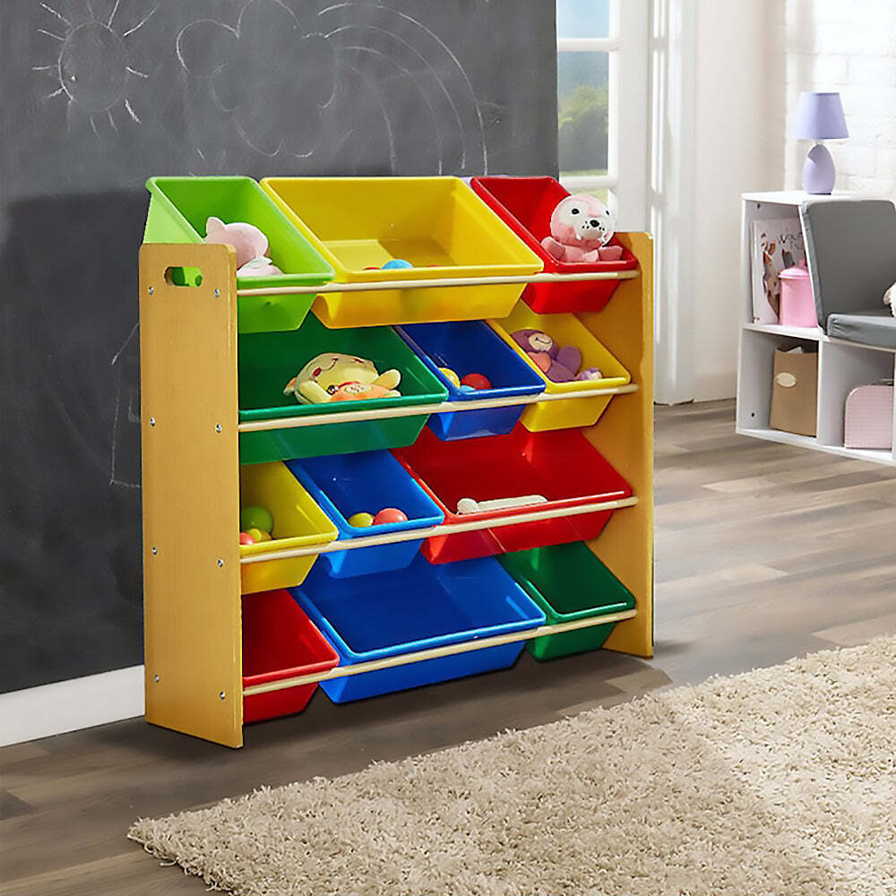 Kids Organiser Shelf Storage Rack for Toys - 12 Multicoloured Bins - SILBERSHELL