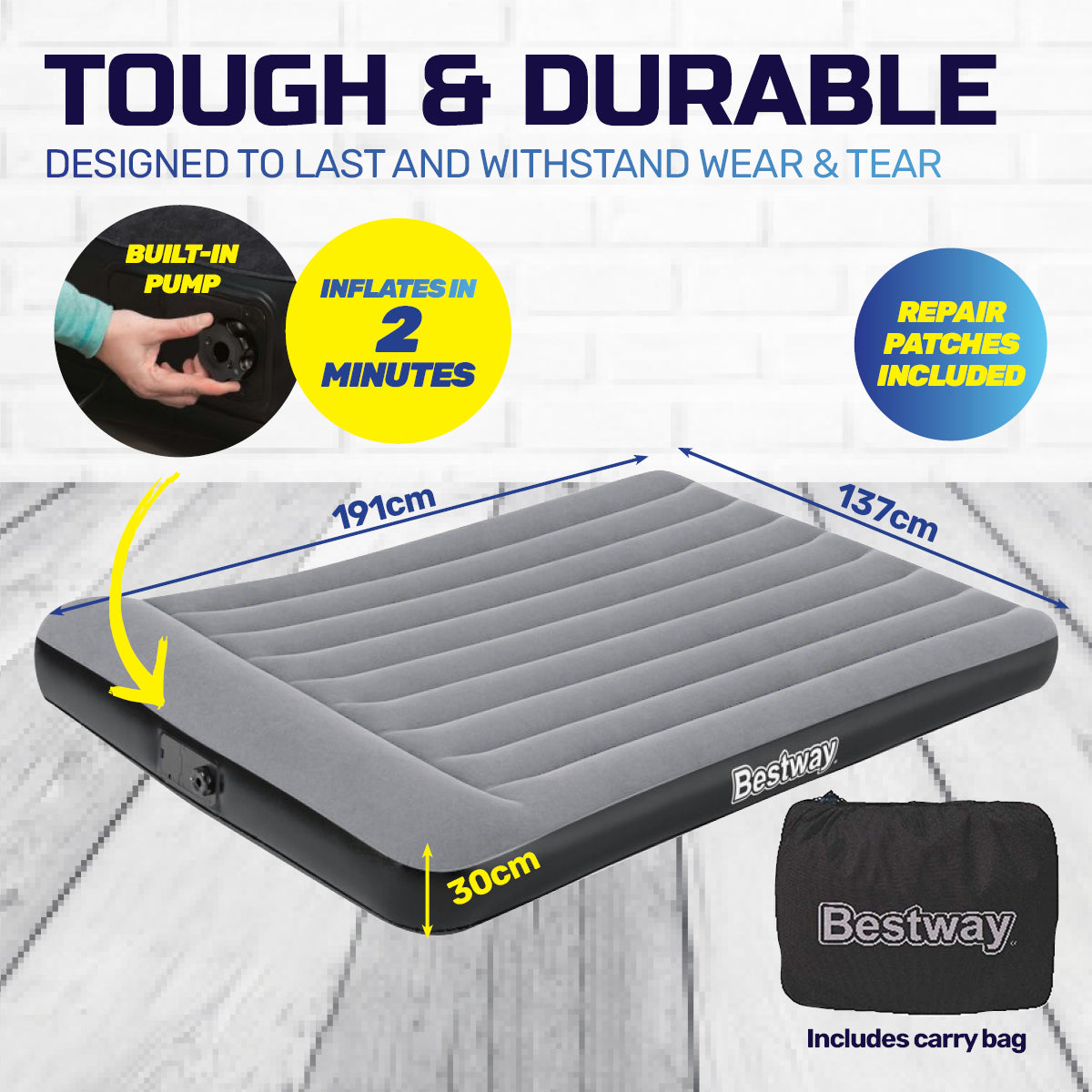 Bestway Double Inflatable Air Bed Tritech Built-In Pump Heavy Duty - SILBERSHELL