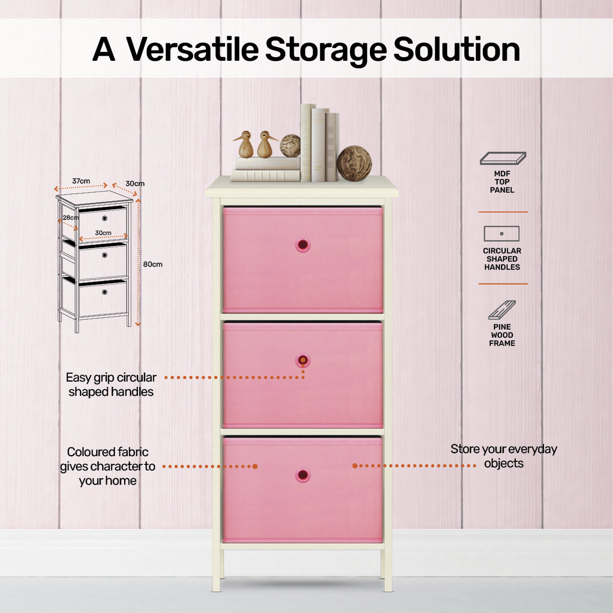 Home Master 3 Drawer Pine Wood Storage Chest Pink Fabric Baskets 70 x 80cm - SILBERSHELL