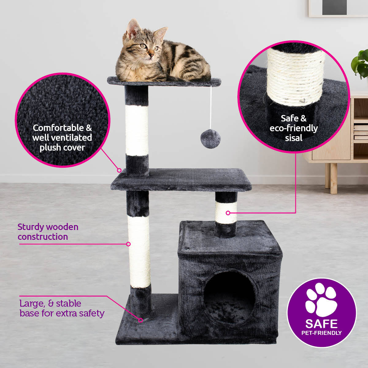 Pet Basic 3 Level Cat Scratching Tower &amp; Playhouse Scratch 80 x 40 x 50cm - SILBERSHELL