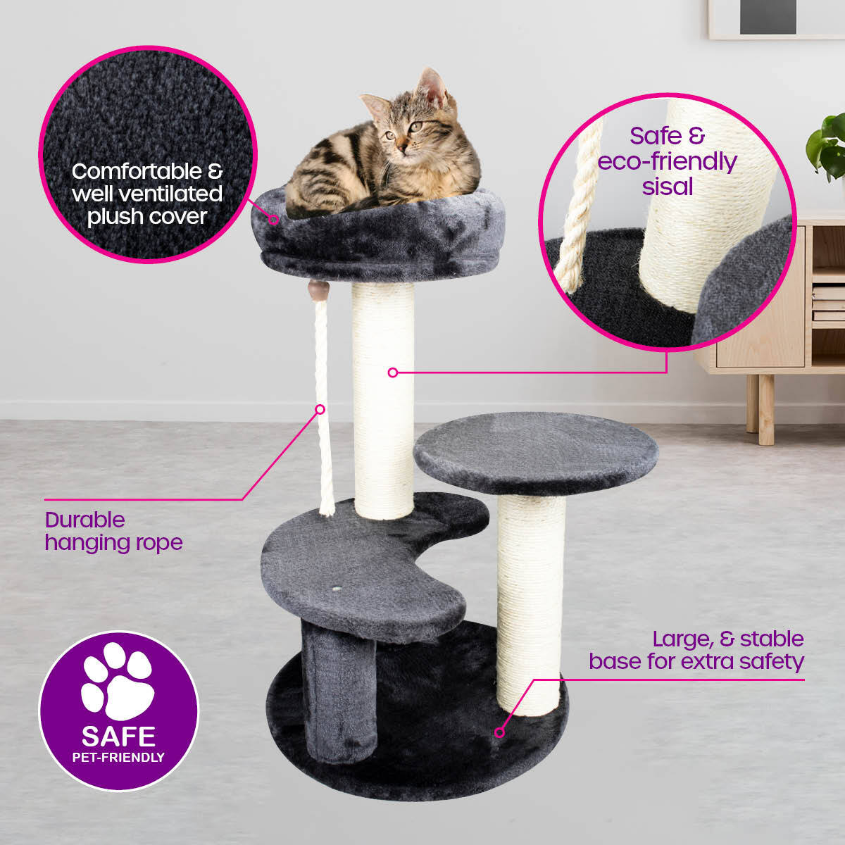 Pet Basic 3 Level Cat Scratching Tower &amp; Cosy Bed Scratch Climb 65 x 40cm - SILBERSHELL
