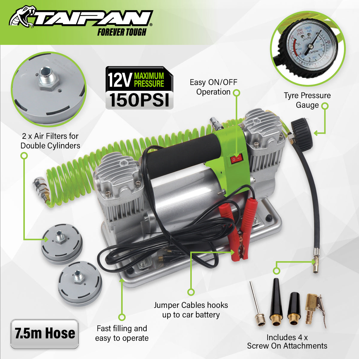 Taipan Air Compressor Portable 12V 150PSI LED Display Screen Various Nozzles - SILBERSHELL