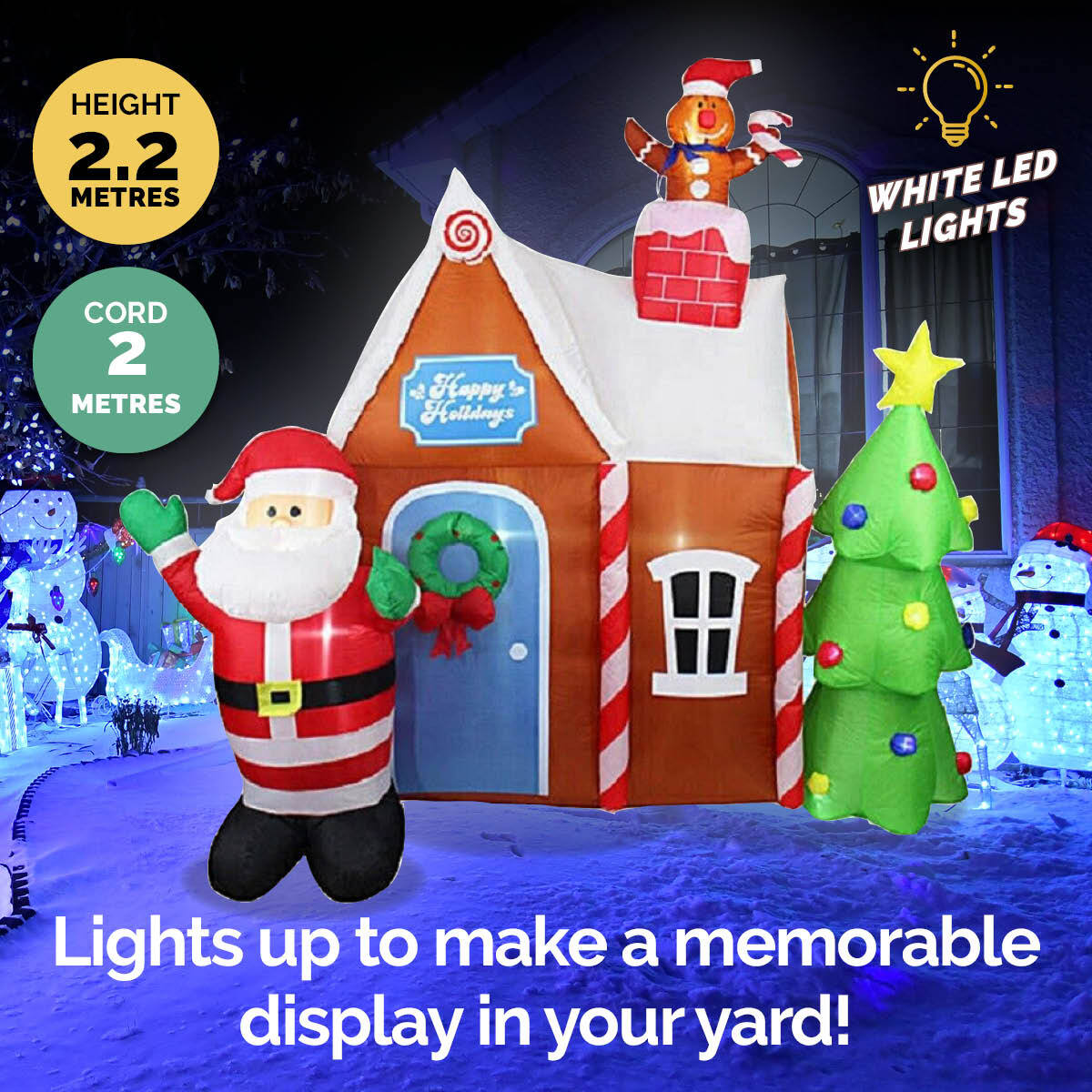 Christmas By Sas 2.2m Gingerbread House & Santa Self Inflating LED Lights - SILBERSHELL