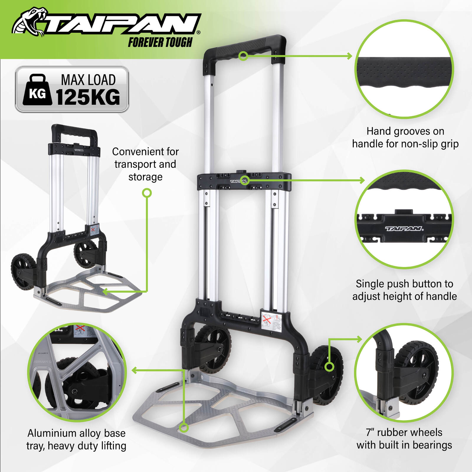 Taipan 125KG Foldable Hand Trolley Aluminium Frame Height Adjustable Handle - SILBERSHELL