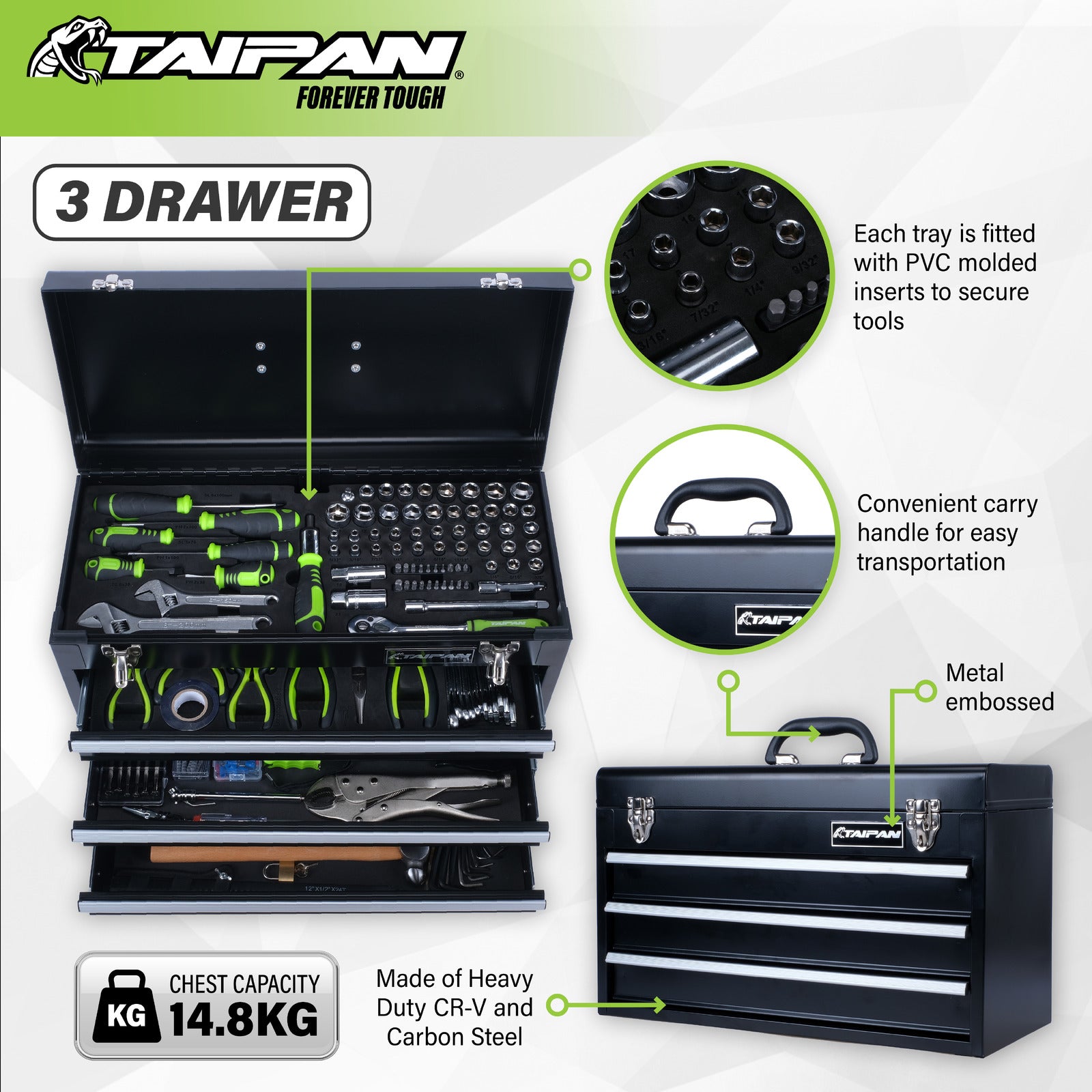 Taipan 300PCE 3 Drawer Tool Chest Kit Premium Quality Chrome Vanadium Steel - SILBERSHELL