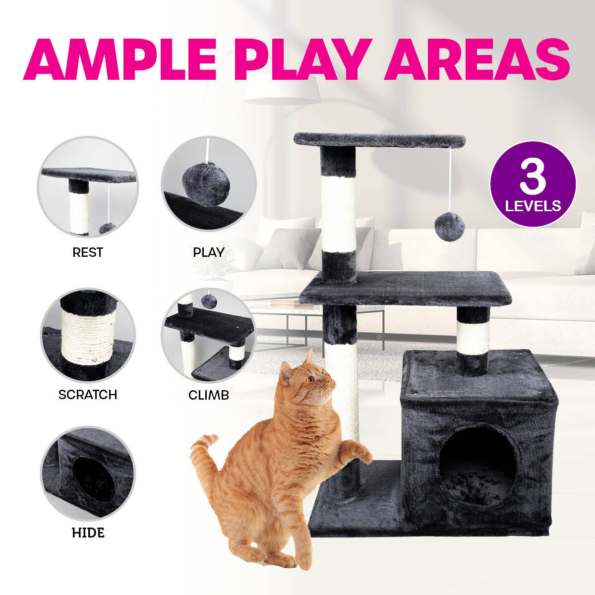 Pet Basic 3 Level Cat Scratching Tower &amp; Playhouse Scratch 80 x 40 x 50cm - SILBERSHELL