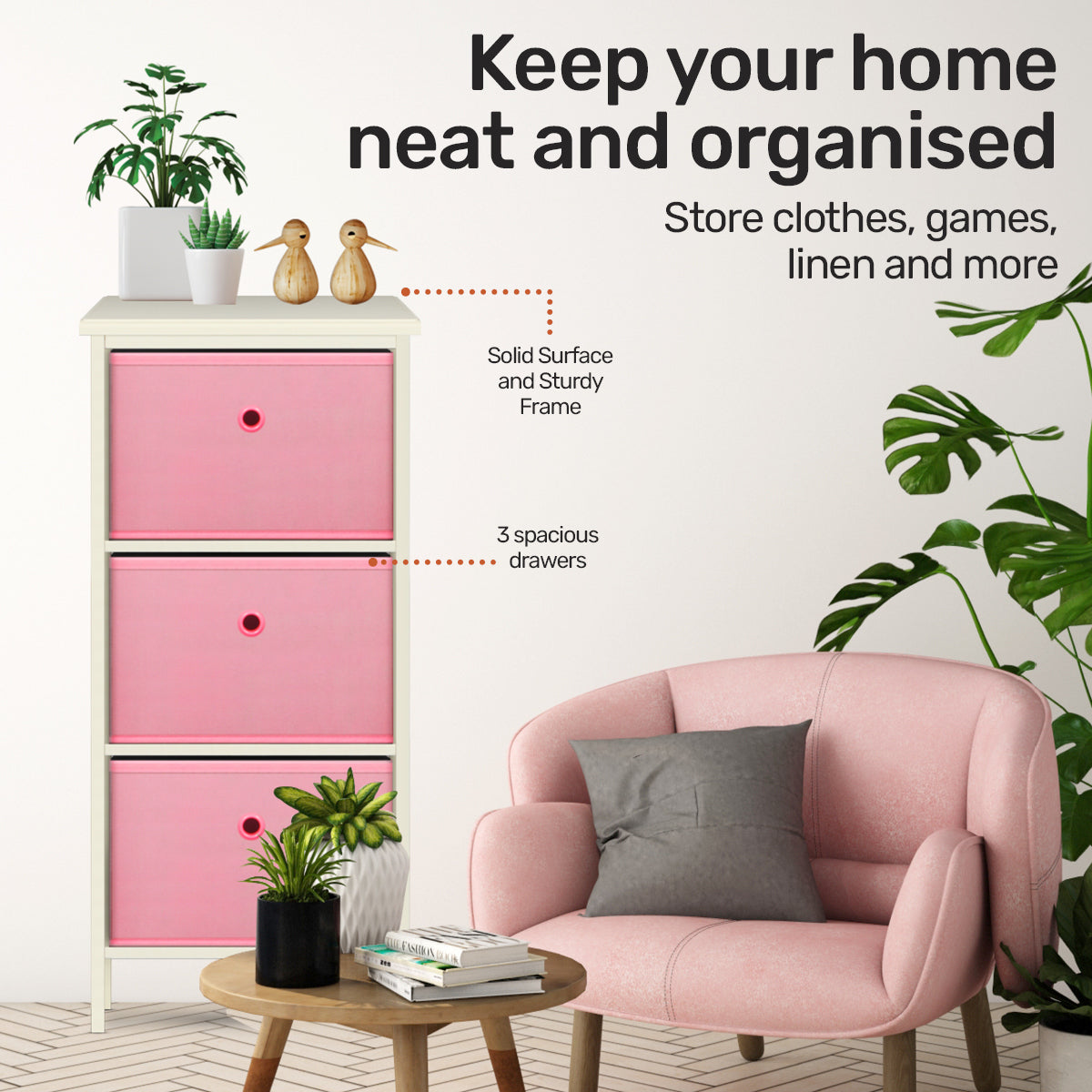 Home Master 3 Drawer Pine Wood Storage Chest Pink Fabric Baskets 70 x 80cm - SILBERSHELL