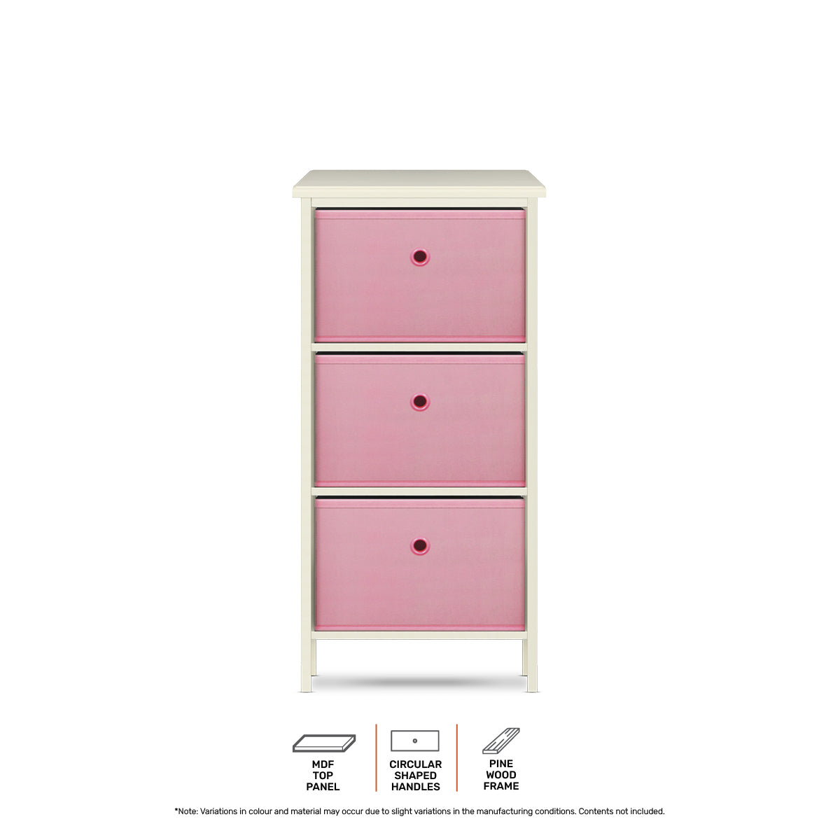 Home Master 3 Drawer Pine Wood Storage Chest Pink Fabric Baskets 70 x 80cm - SILBERSHELL