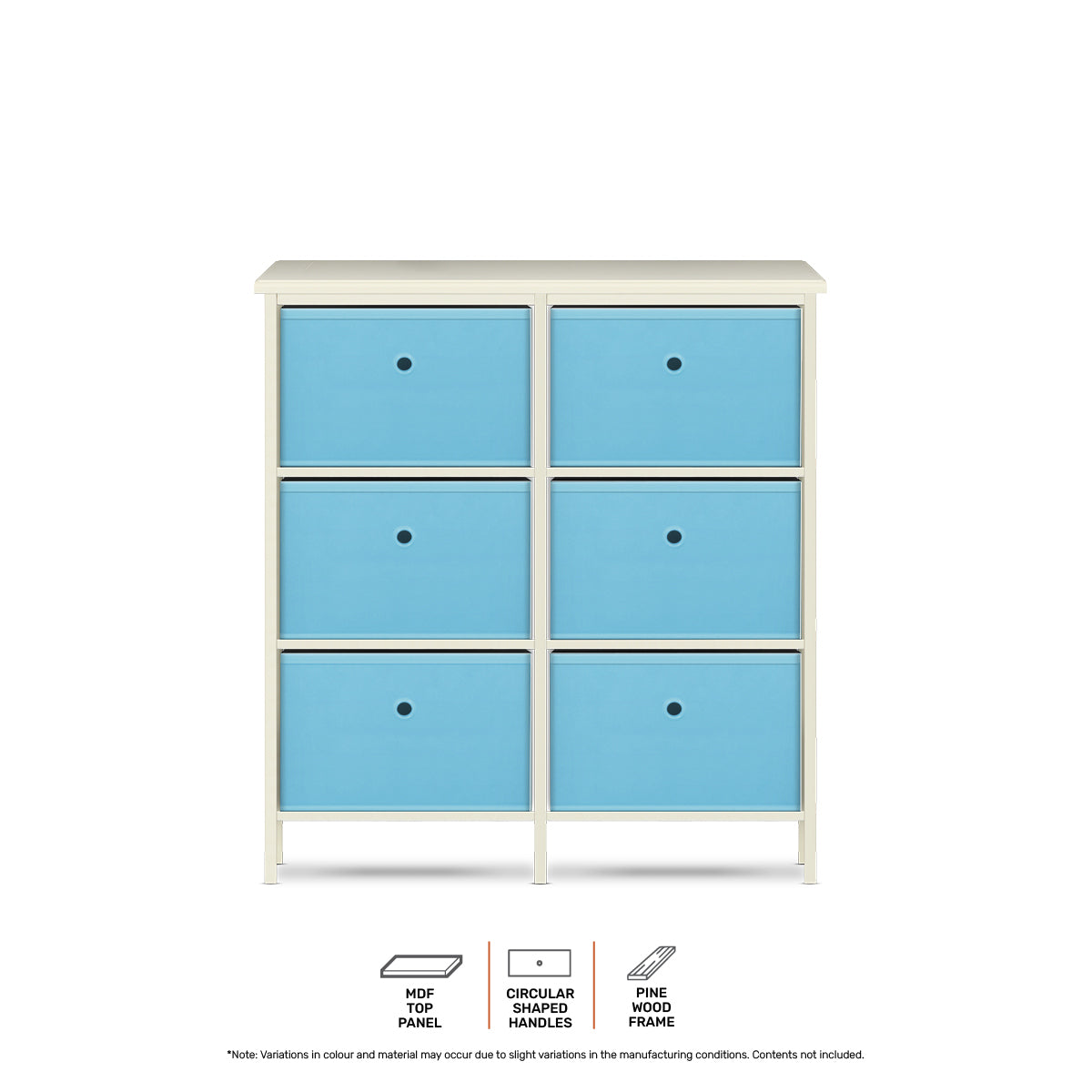 Home Master 6 Drawer Pine Wood Storage Chest Sky Blue Fabric Baskets 70 x 80cm - SILBERSHELL