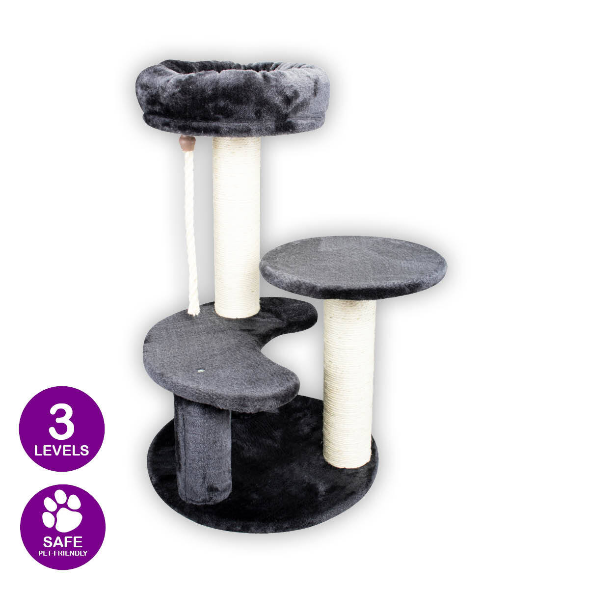 Pet Basic 3 Level Cat Scratching Tower &amp; Cosy Bed Scratch Climb 65 x 40cm - SILBERSHELL